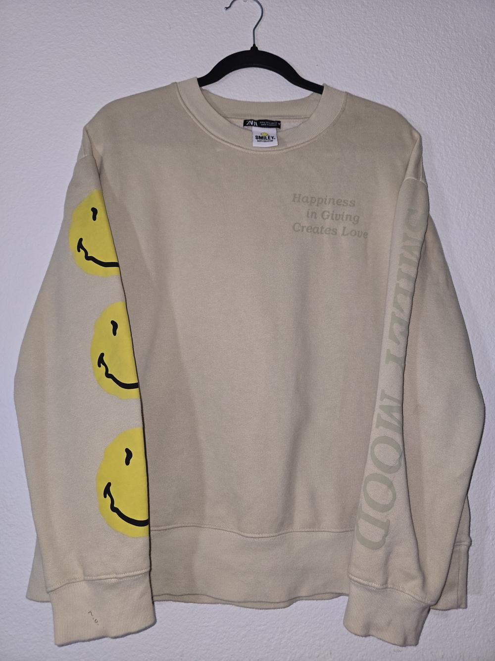 Zara Beige Smiley Graphic Crewneck Sweater
